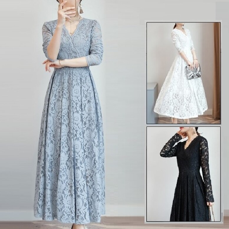 4color 総レースカシュクールタックフレアワンピースドレス 5,611円