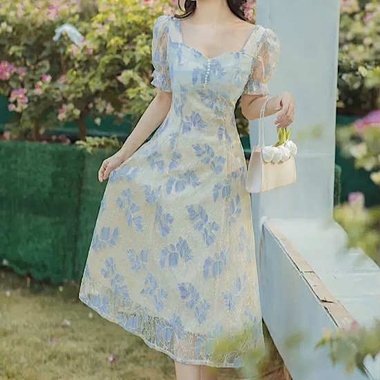 【取寄:納期2週間】結婚式ドレス リーフ パフスリーブ シースルー ロマンチック 清楚 ハイウエスト Aラインスカート プルオーバー スクエアネック 発表会 演奏会 レディース フレアドレス 結婚式