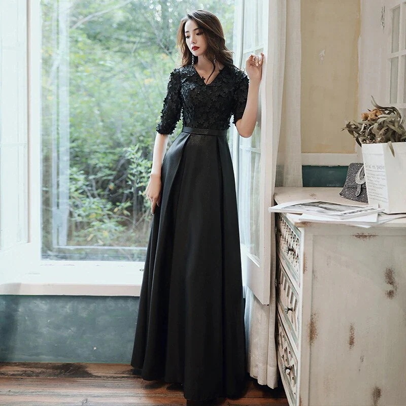 ドレス 大人 ピアノ 発表会 ロングドレス 黒 演奏会 結婚式 母親 ピアノ発表会 袖付き XS 小さいサイズ 大きいサイズ ミモレ丈 ロング ワンピース ブラック 五分袖 長袖可愛い セクシー 演奏