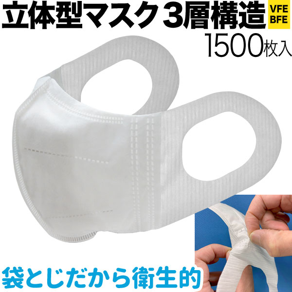 立体型マスク 耳が痛くない 三層フィルター VFE BFE 普通サイズ 不織布 使い捨て 業務用 1500枚入り