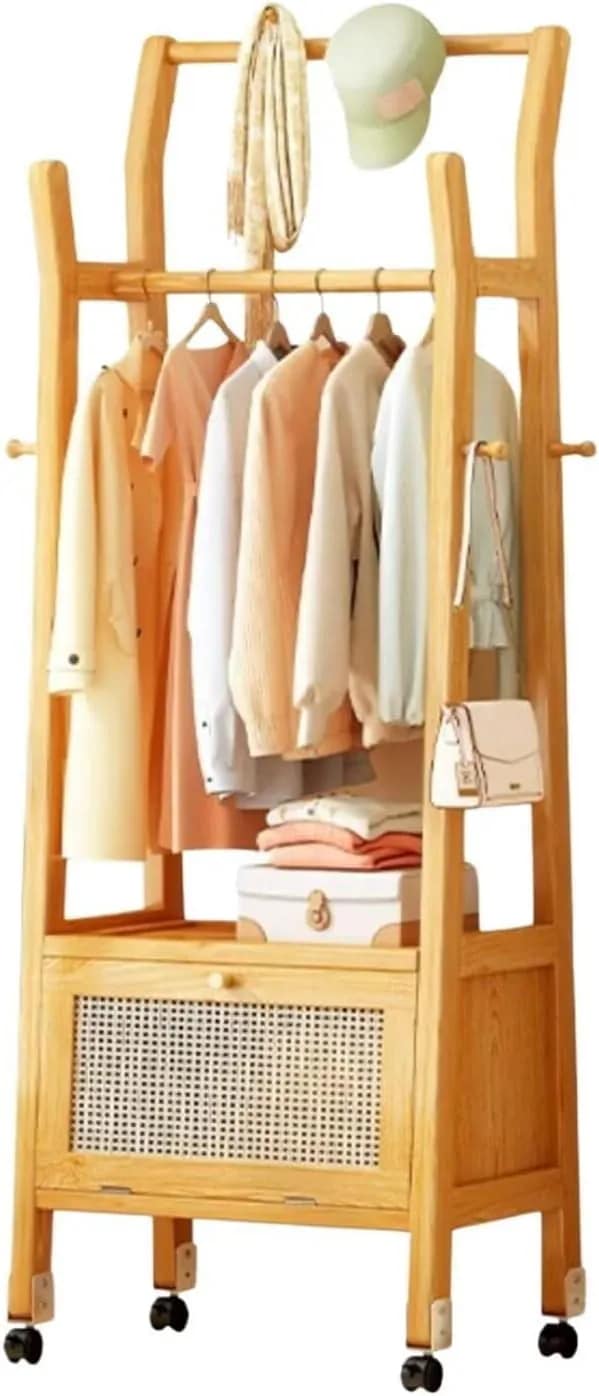 OrganizeHub ハンガーラック クローゼット 洋服ラック 押入れ 衣類ラック 大容量 移動しやすい たっぷり収納 引き出し付き キャスター付き 竹製 耐荷重 耐久性 一人暮らし