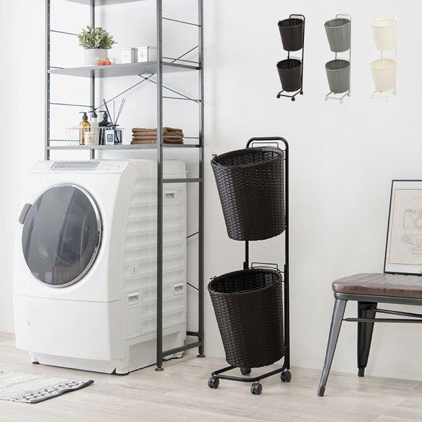 ランドリーラック おしゃれ バスケット かご カゴ 2段 丸型 ランドリー収納 キャスター付き 白 ラタン調 収納 洗面所 脱衣所 省スペース 幅40 ID005