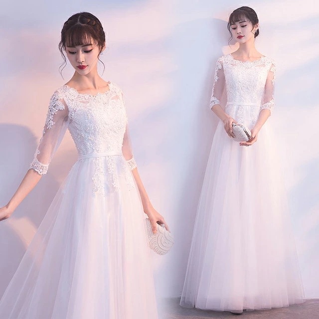 ロングドレス 白 ホワイトドレス レース チュール イブニングドレス 7分袖 Aライン 優雅 エレガント 20代 30代 パーティードレス 発表会ドレス お呼ばれドレス 二次会ドレス シンプル 編み上
