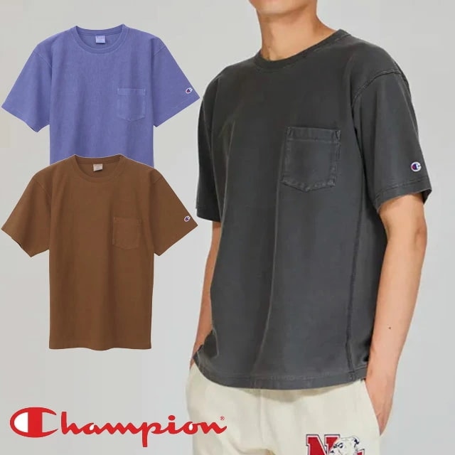 チャンピオン メンズ Tシャツ リバースウィーブ(R) ショートスリーブポケットTシャツ レディース カットソー 丸首 アパレル 綿100％ アメカジ ウェア C3-B305 055 オフブラック 黒