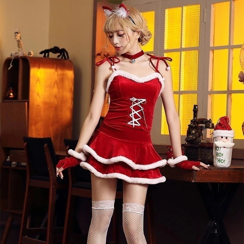 涼しく楽ちん ハロウィンクリスマスパーティー制服映画テレビセクシー気質女性サンタクロースセクシーなクリスマスガールコスプレショー服ファッションファスナー個性かわいい仮装舞踏会お衣装を演じる5点セット