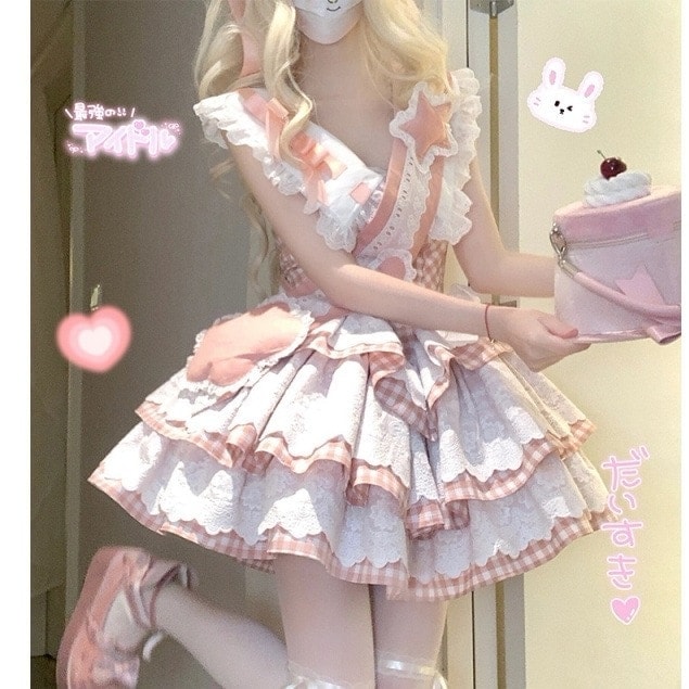 【急速発送】ピンクのチェック柄ロリータワンピースロリータポンポンプリンセススカート秋の万能アイテム