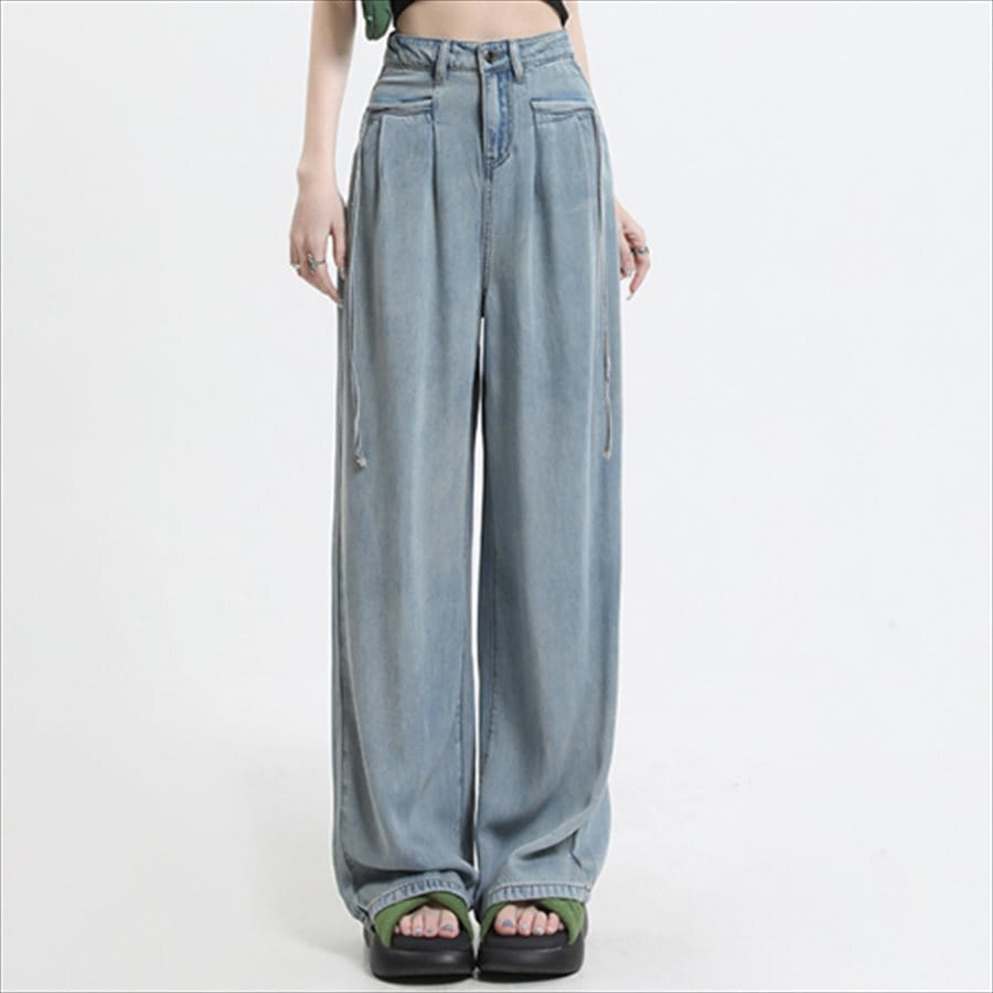 ガウチョパンツ デニムパンツ 2色 パンツ ボトムス ガウチョ ロング アンクル丈 マキシ Aライン ポケット ハイウエスト リボン ブルーデニム 薄手生地 かわいい 大人可愛い