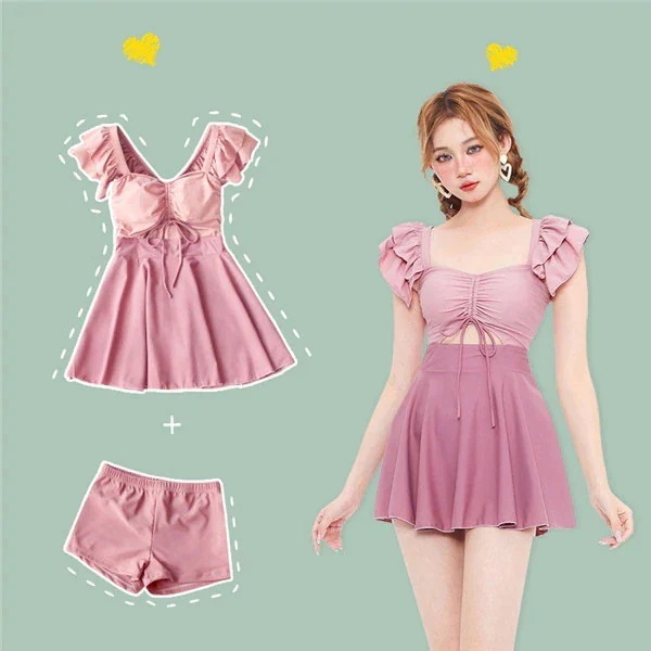 レディース 超かわいい水着 体型カバー フリル ザインスカート ワンピースビキニ ワンピース+パンツ ピンク M L XL 360度可憐に演出