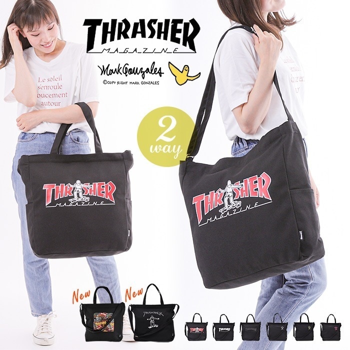 THRASHER 2way メンズ レディース スラッシャー ショルダーバッグ メンズ 斜めがけ 斜めがけバッグ トートバッグ 2way キャンバスバッグ キャンバス ショルダー たっぷり 軽量 オー