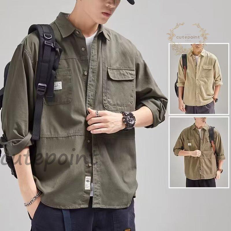 【即纳】長袖シャツ メンズ おしゃれ シャツ カジュアルシャツ 無地 胸ポケット ビジネスシャツ ワークシャツ 秋服