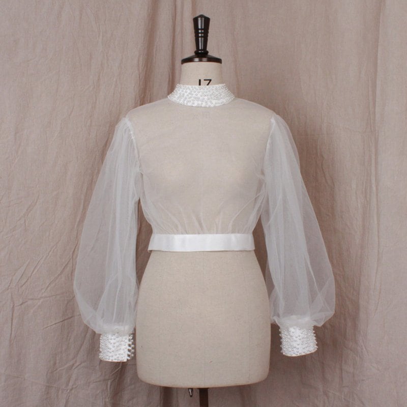 ウェディング ビショップスリーブ アームカバー ボレロ ブライダル 花嫁インナー 二の腕カバー ウエディングアレンジ小物 オフホワイト ブラウス リボン