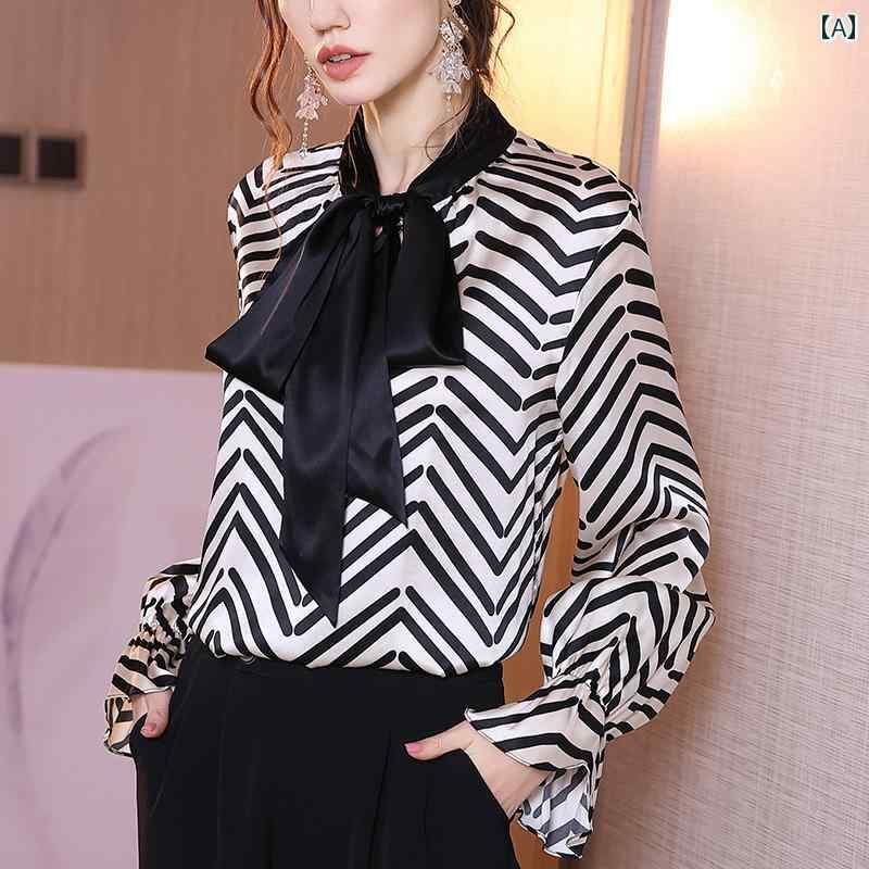 レディース シャツ ブラウス 夏 トップス 長袖 シャツ襟 リボンタイ マルベリー ストライプ モノクローム フレンチ エレガント おしゃれ スタイリッシュ オフィス ビジネス カジュアルパーティー