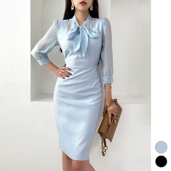 ワンピース レディース 七分袖 長袖 タイト ボウタイ パブスリーブ 膝丈 ハイウエスト シースルー きれいめ 上品 春 夏 秋 韓国 to27792