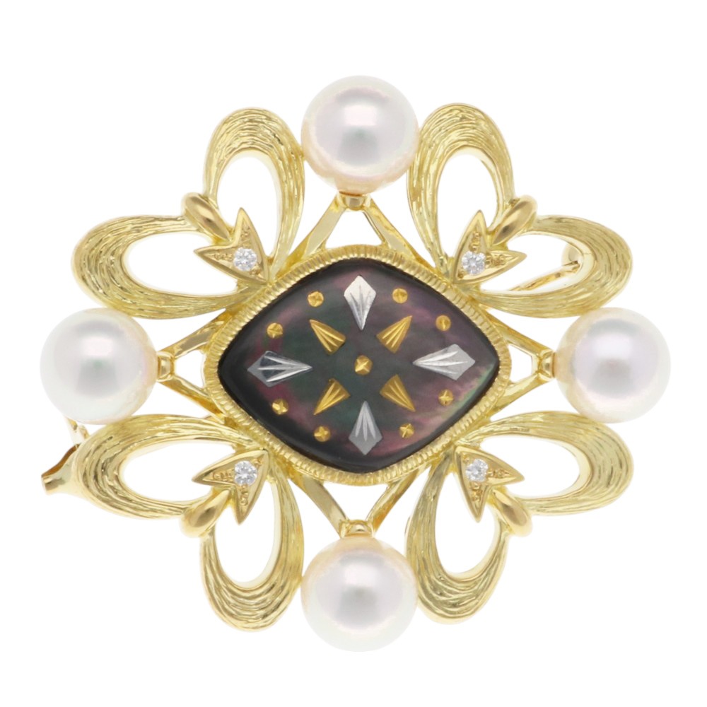 ミキモト ブローチ 18金 K18イエローゴールド シェル MIKIMOTO 中古 美品