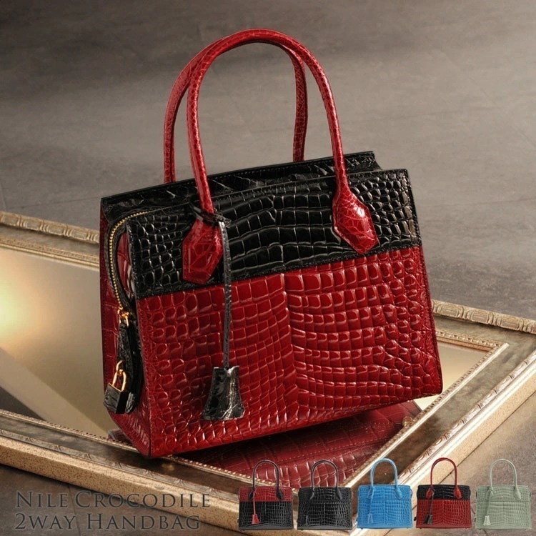 ヘンローン社製原皮使用クロコダイルハンドバッグシャイニング加工センター取り南京錠付き