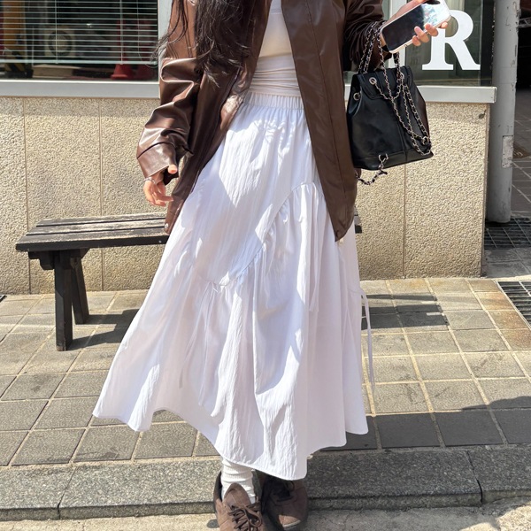 韓国ファッション ダーツ リボン シャーリング フレア バンディング ロング スカート