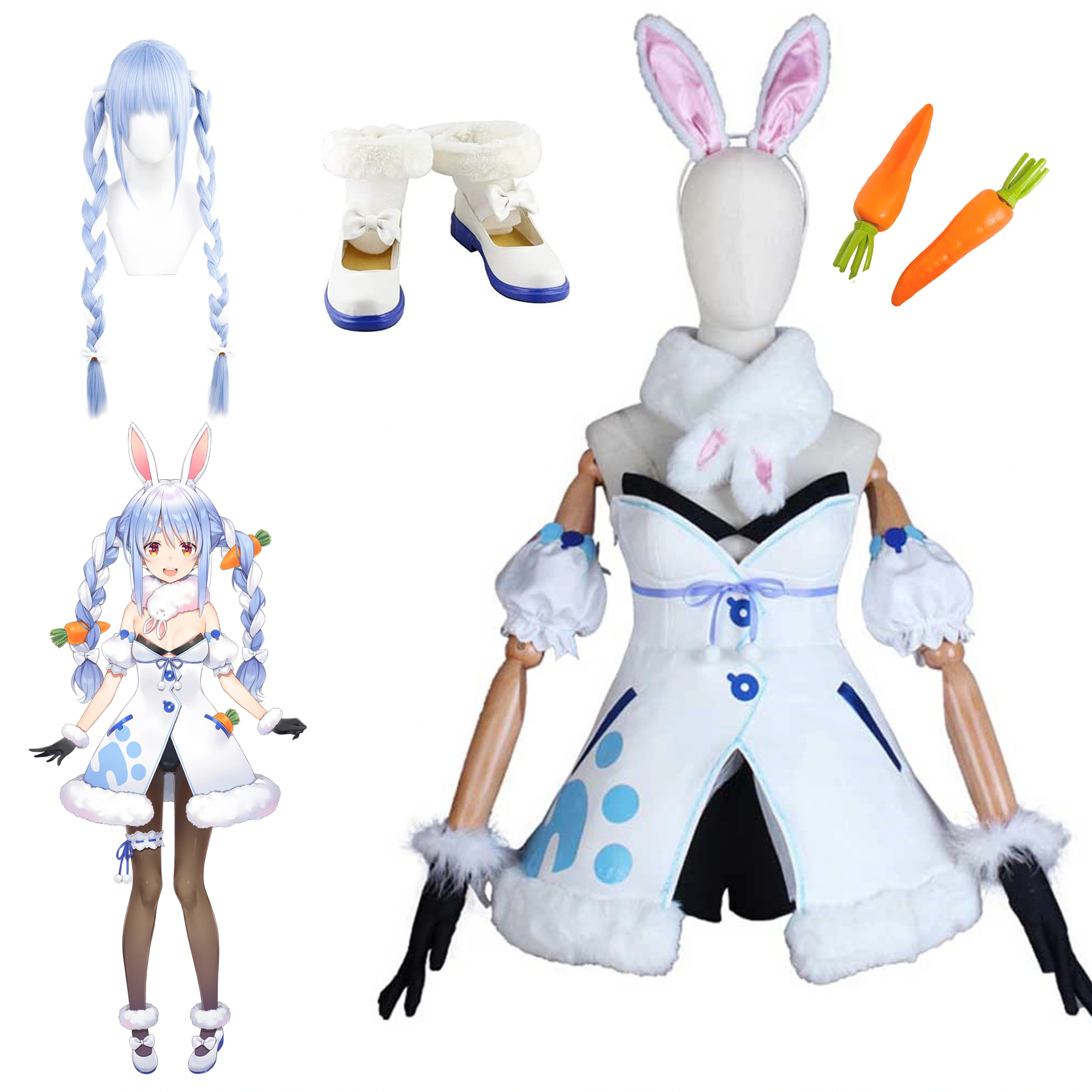 【全シリーズ発売中】 【値引き中】靴 ウィッグ コスプレ衣装＋カチューシャ＋手袋＋人参道具付き ハロウィン 忘会 衣装 VTuber 衣装 コスプレ うさだぺこら 衣装 コスプレ 兎田ぺこら ホロライ