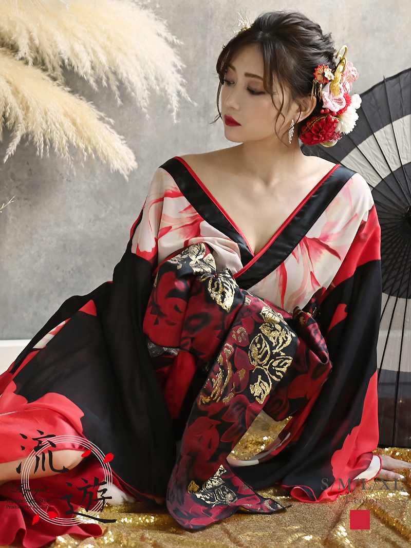 花魁 ドレス 和柄 着物ドレス キャバ 着物 中ミニ シフォン 正月 赤 流遊