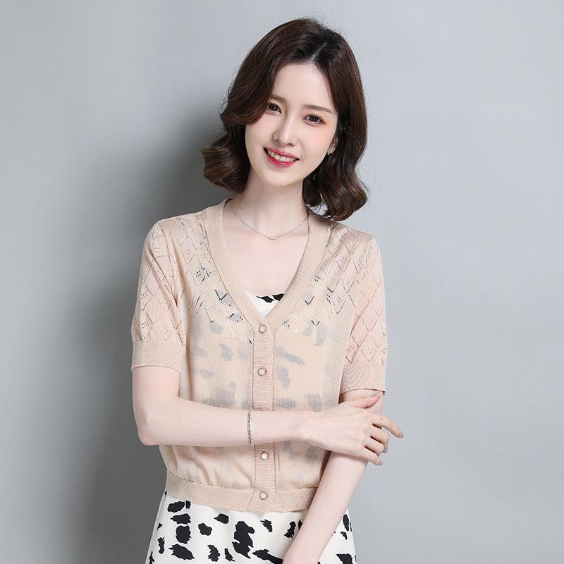 レディース 薄手 サマーニット 接触冷感 Vネック 無袖 ショート丈 トップス ショール 杏色 ブラック ホワイト 春夏