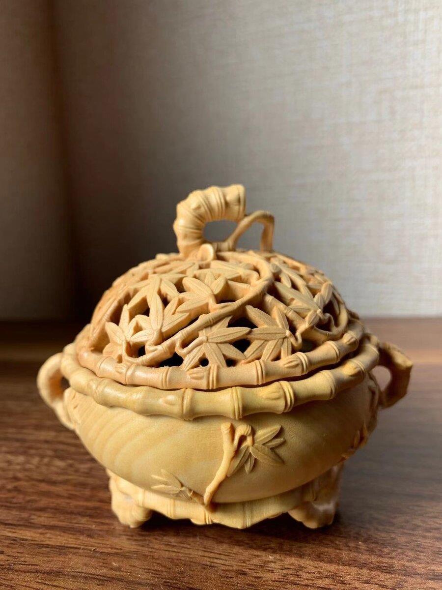 仏具 香炉 竹柄 ツゲ 木彫 (約)高10cm幅8cm奥行8cm