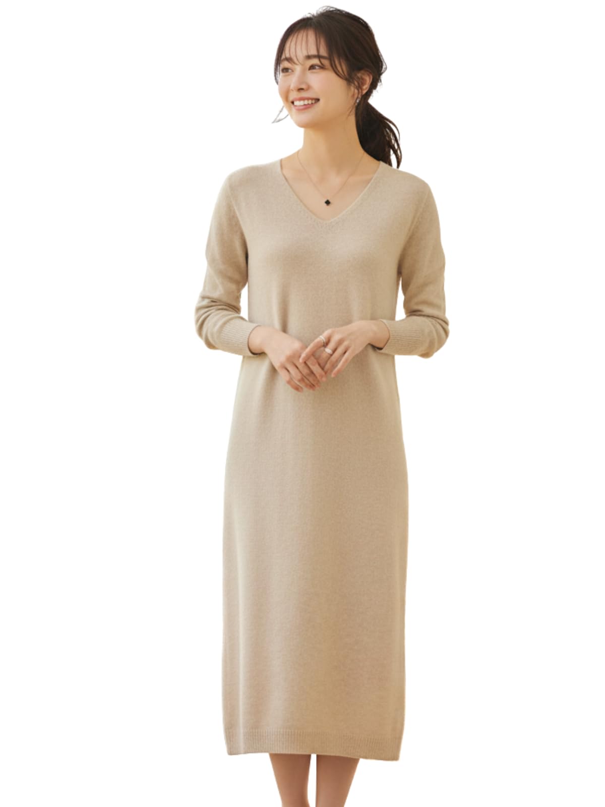 [ワン アンブ] ニットワンピース レディース きれいめ vネック ワンピース 長袖 ロング オフィスカジュアル Iライン ルームウェア 白 ベージュ
