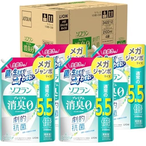 ソフラン プレミアム消臭 詰替メガジャンボ2100ml×4個 フレッシュグリーンアロマ 生乾きでも菌を生ませずニオわせない 柔軟剤 抗菌 部屋干し 汗臭 体臭 加齢臭 靴下臭