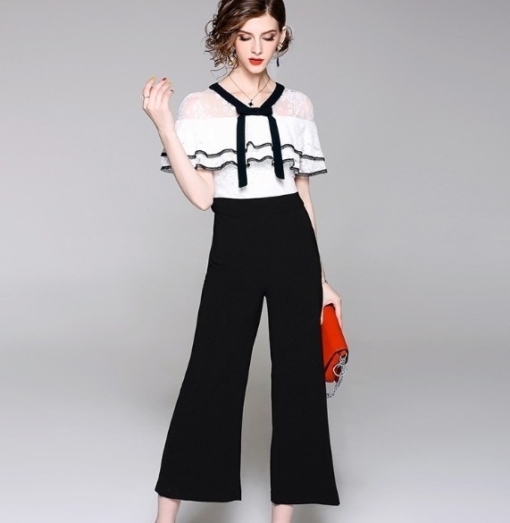 オールインワン バイカラー 可愛い 花柄 レース リボン フリル 半袖 ワイドパンツ 八分丈 モノトーン エレガント フェミニン パーティー 結婚式 二次会 お呼ばれ ワンピース フォーマル 8,215円