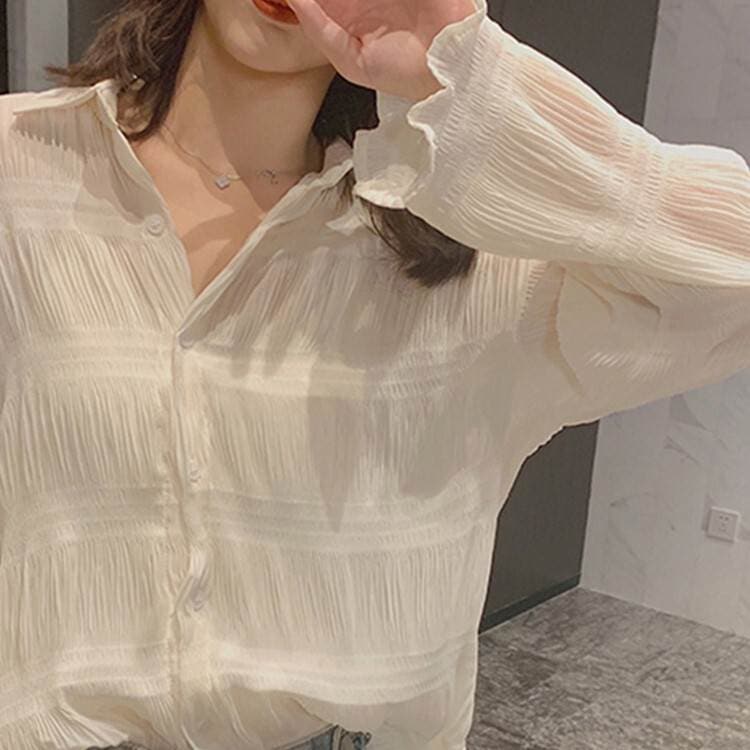 トップス ブラウス シャツ Vネック 長袖 ボリューム袖 レギュラー丈 シャーリング フリル 透け感 個性的 S M L XL ベージュ かわいい 大人可愛い きれいめ カジュアル 大人 おしゃれ モ