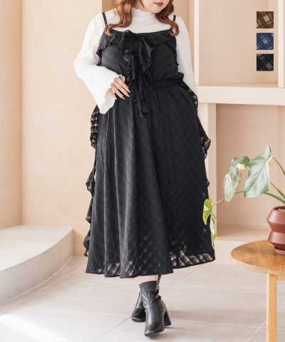 大きいサイズ レディース LL 3L 4L XL XXL XXXL CLETTEオリジナルシアーチェックフリルキャミワンピース
