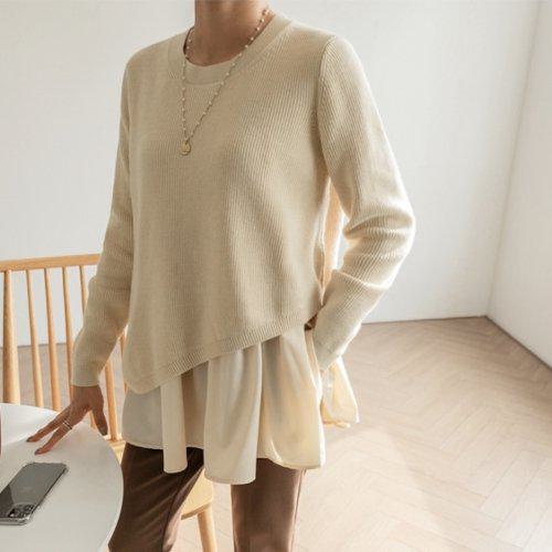 ニット レディース セーター ラウンドネック レイヤード 重ね着風 フレア アシンメトリー シャツ 異素材ミックス トップス 秋 冬 新作 韓国 ファッション カジュアル キレイめ おしゃれ 大人可愛