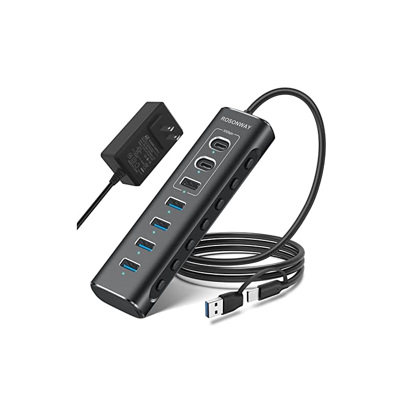 ROSONWAY USB ハブ10Gbps 7ポートUSB C 3.2x2 USB A 3.2x1 USB 3.0x4 2 in 1 ケーブル 付き アルミ製 USB HUB セルフパワーとバスパワー