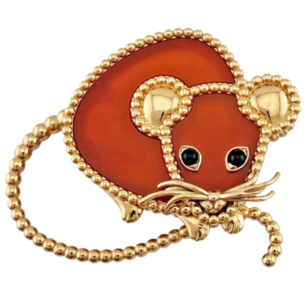 ヴァンクリーフ＆アーペル ラッキー アニマルズ マウス クリップ ブローチ 18金 K18ピンクゴールド カーネリアン Van Cleef & Arpels 中古 美品
