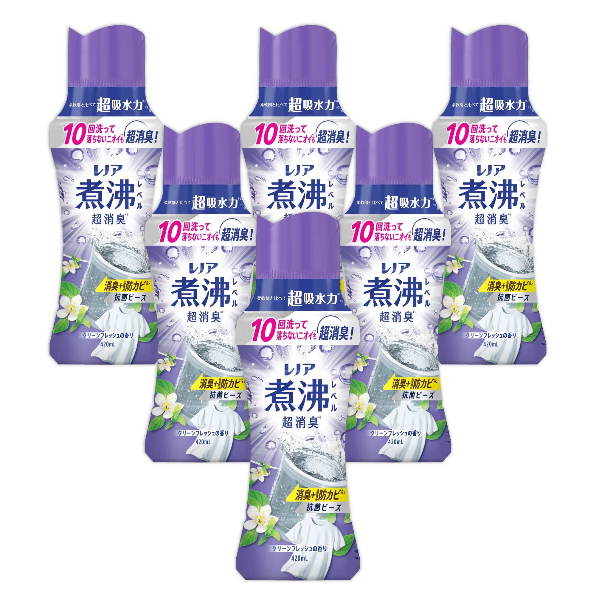 即日発送 Lenor レノア 煮沸レベル超消臭 抗菌ビーズ 消臭 洗濯槽の防カビ クリーンフレッシュの香り 本体 420mL×6本 [ケース品] 柔軟剤と一緒に使って効果長続き