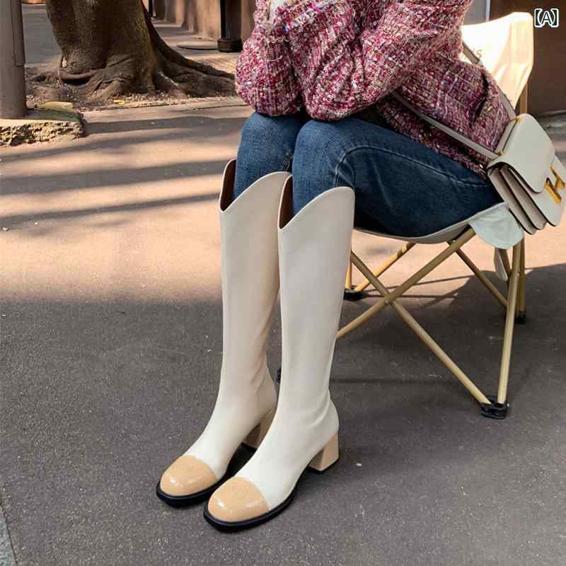 ロングブーツ レディース タイトフィット シンプル おしゃれ スタイルアップ 女性用 オフ ホワイト ナイト ブーツ ハイ カット 太い ヒール ブーツ 女性用 ロングヒール ブーツ 小柄 スリム 女