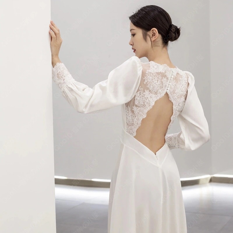 ウエディングドレス 長袖 ワンショルダー 結婚式 二次会 フランス式軽ウェディングドレス長袖v襟旅白で痩せた韓国式花嫁レースドレスを撮る-29