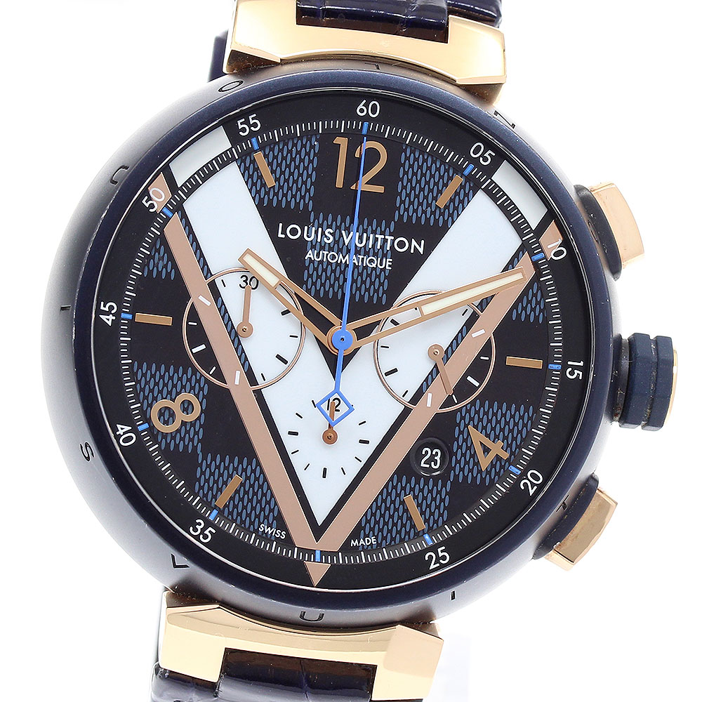 ルイ・ヴィトン LOUIS VUITTON QA090 タンブール ダミエコバルト クロノグラフ 自動巻き メンズ 箱・保証書付き_894036【中古】