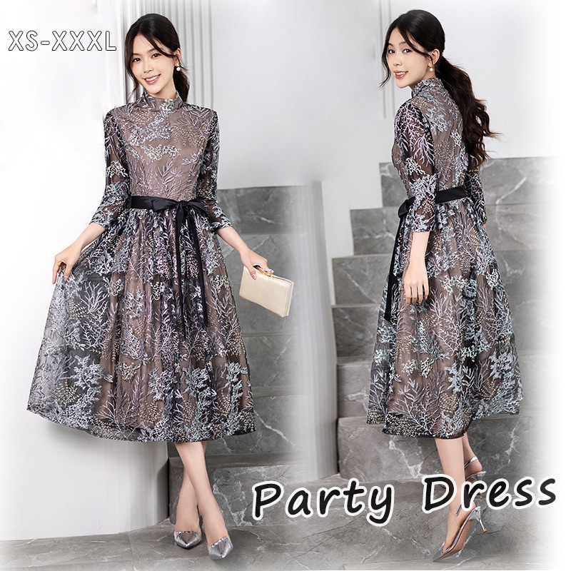結婚式 ワンピース パーティードレス ミモレ丈 フォーマルドレス ドレス お呼ばれ フォーマル ワンピース 袖あり 結婚式 ワンピース パーティードレス 大きいサイズXXXL 入園式 二次会 謝恩会
