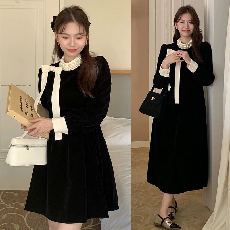 韓国デザイン　インスタ　人気長袖ベルベットワンピース　着痩せ　優雅ドレス