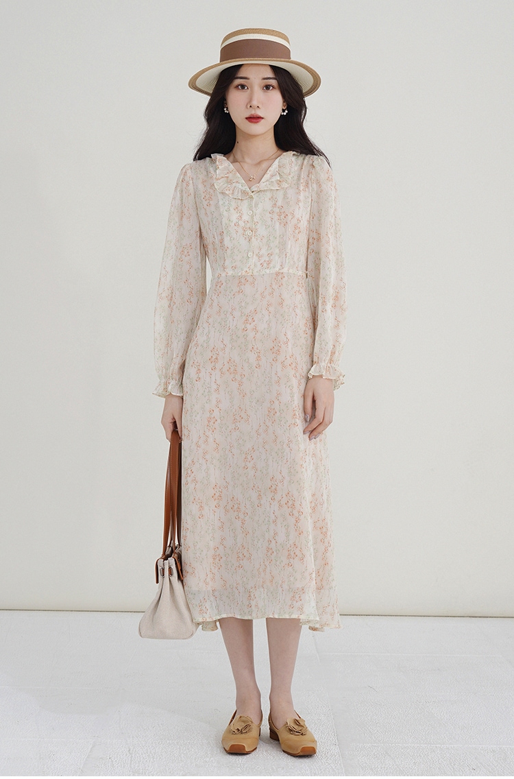 優しい ラタン 花柄 ドレス ロング レトロ 小さめ Vネック ベリーフェアリードレス XS S M ワンピース 膝下 袖あり 長袖 Vネック かわいい 大人可愛い きれいめ シンプル カジュアル