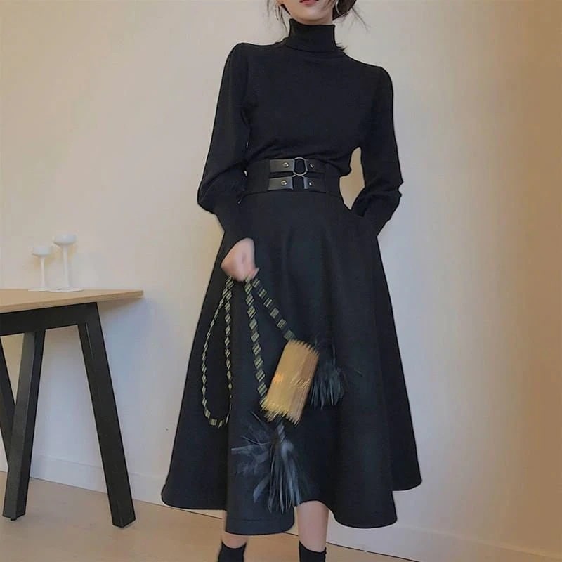 2点セットセットアップレディースパフスリーブOL秋冬韓国風オシャレタートルニットAライン作着痩せカジュアルセットきれいめブラック30%までに制限