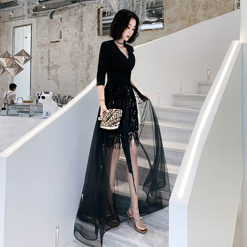 ロング ドレス パーティードレス 個性的 黒 袖あり ミニ丈 膝丈 カッコイイ 結婚式 二次会 お呼ばれ フォーマル 演奏会 ピアノ 発表会 ドレス 大人 きれいめ カシュクール チュール レイヤー