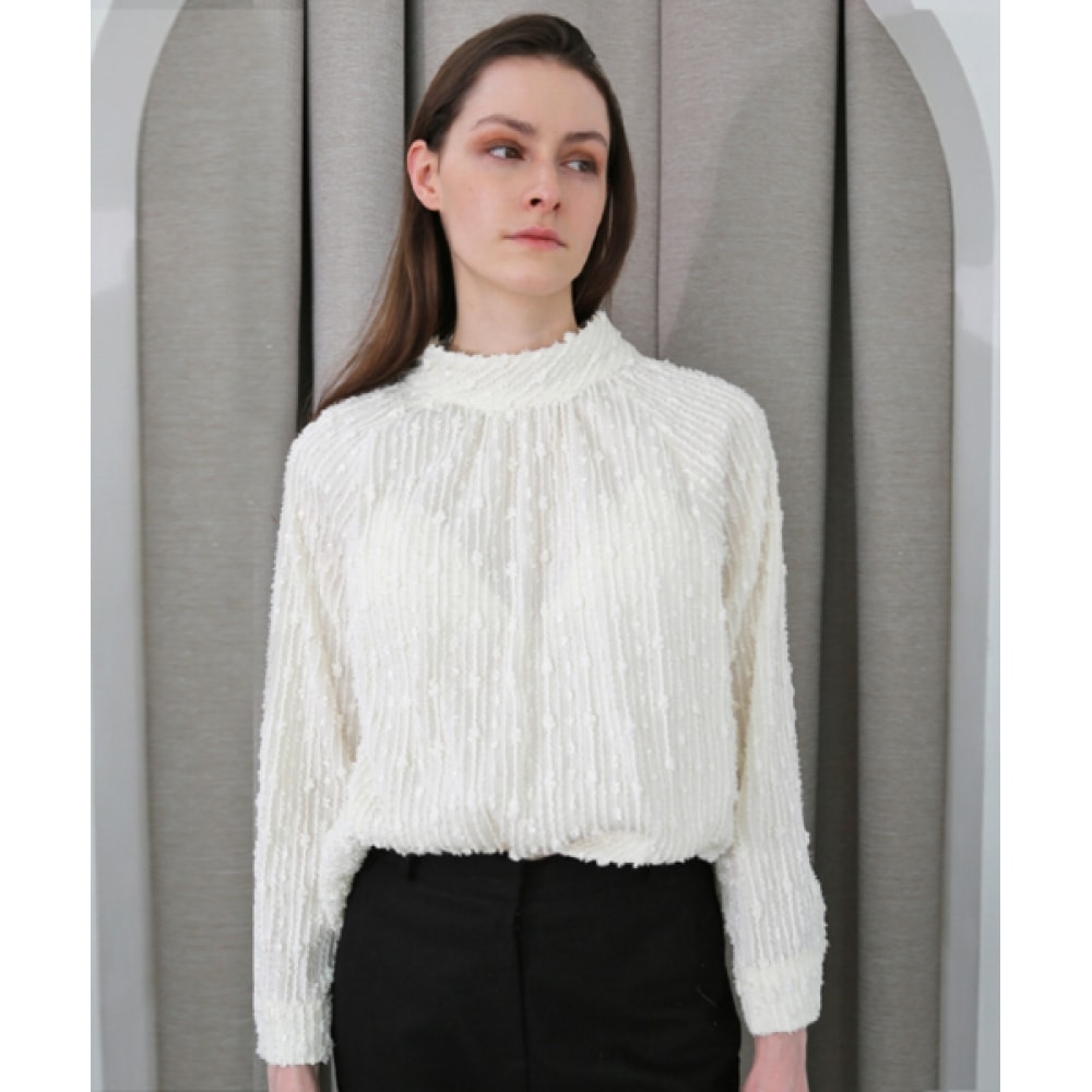 DAMAGE MNEMONICタートルネックグリッターアイボリーブラウス_Turtleneck Glitter Ivory BL