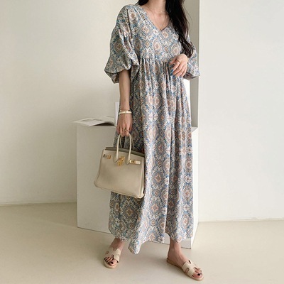 ワンピース シャツ ロングスカート ペイズリー柄ワンピース マキシ マキシ丈 袖あり 5分袖 五分袖 ラウンドネック 襟無し フレア ワイド Aライン ポケット プルオーバー 綿 麻 かわいい