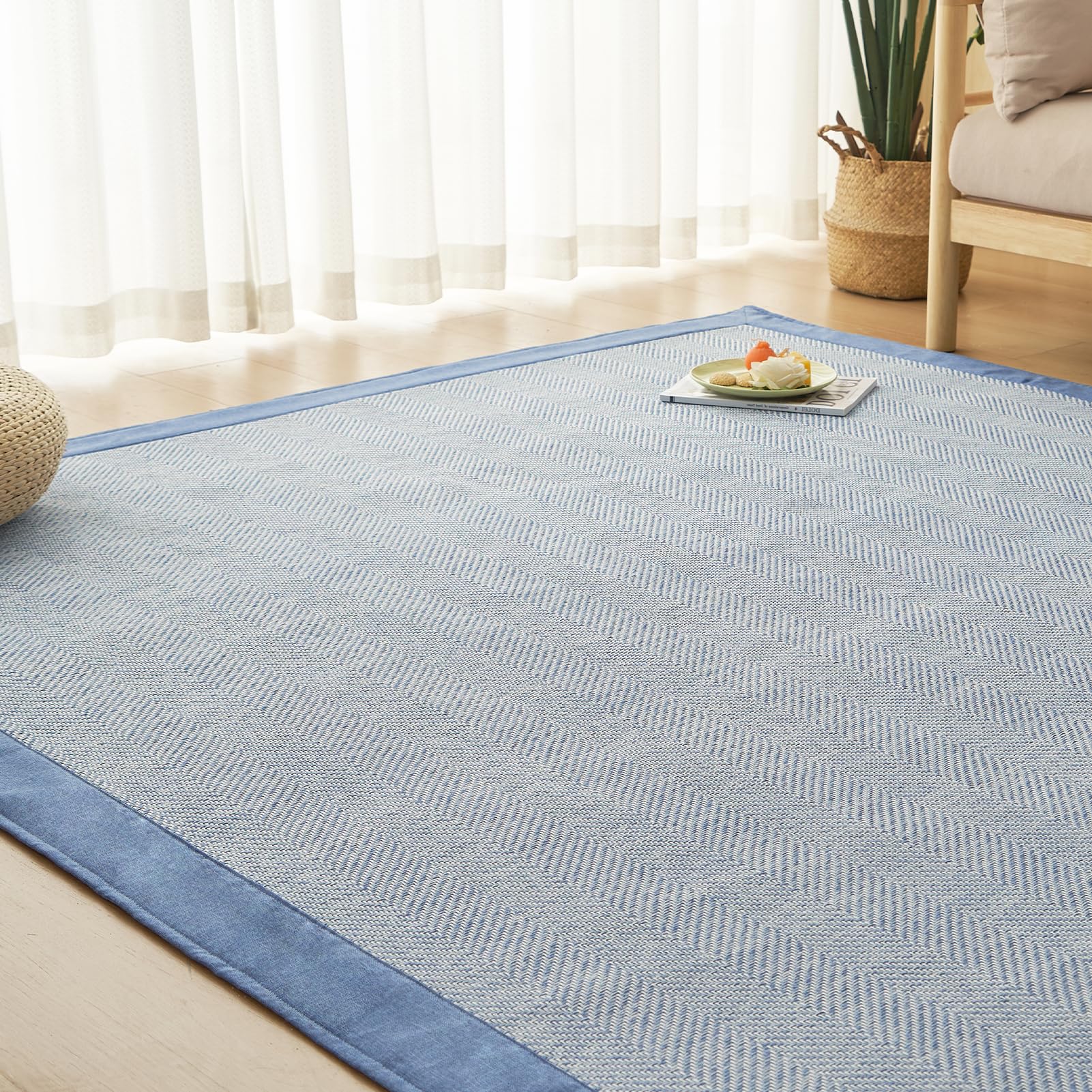 OIGAE ラグ カーペット 春 夏 185x185cm 2畳 ラグマット ヘリンボン柄 北欧 じゅうたん 無地調 幾何学模様 床保護 防音 リビング 滑り止め オールシーズン適用 安心素材 ネービー