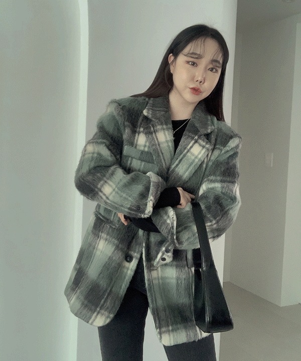 6984 ウール40% ブラシ チェック 配色 オーバーフィット ジャケットコート(2color)