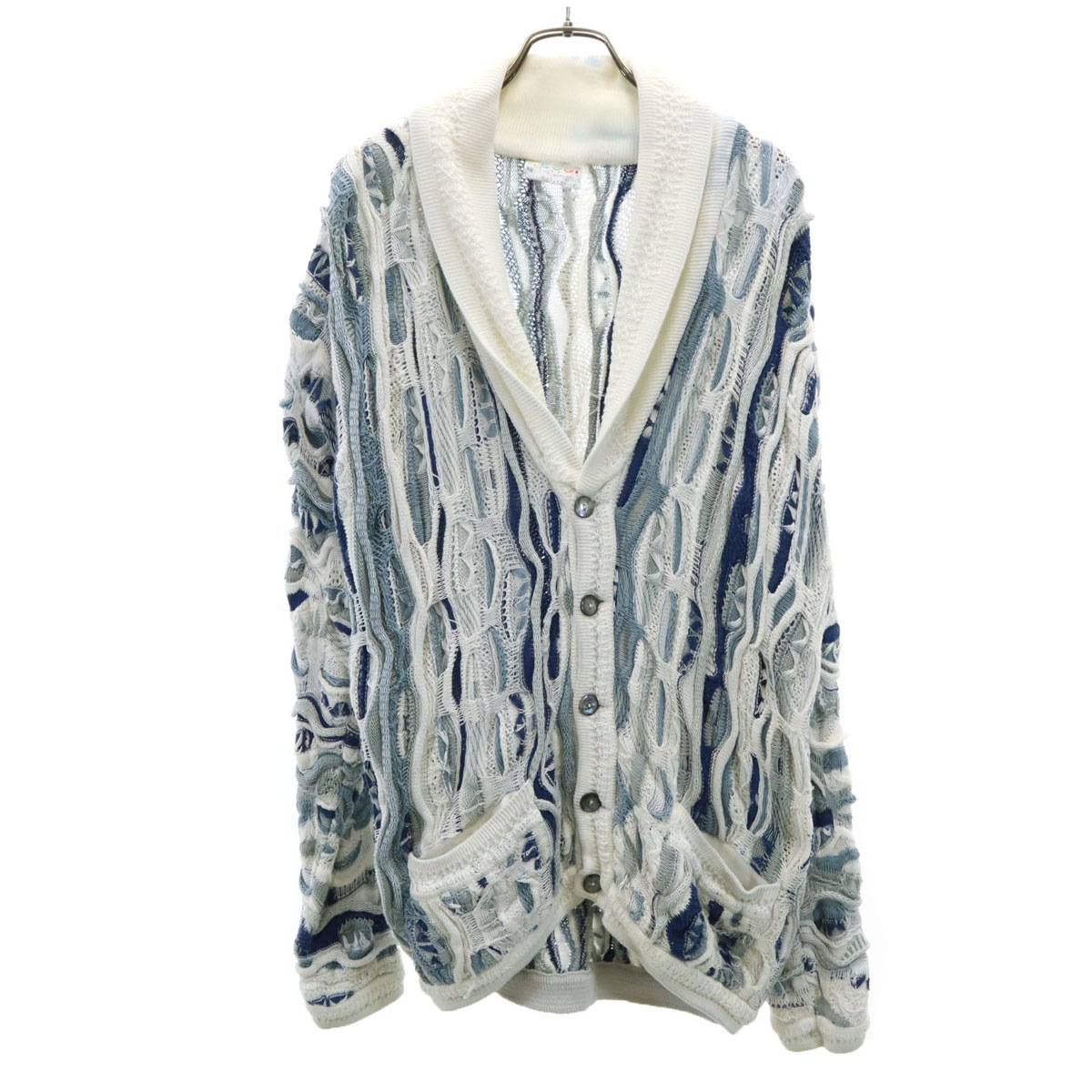 COOGI クージー 90s オーストラリア製 オールド 総柄 長袖 ショールカラー 3D ニットカーディガン SS ホワイト メンズ 古着
