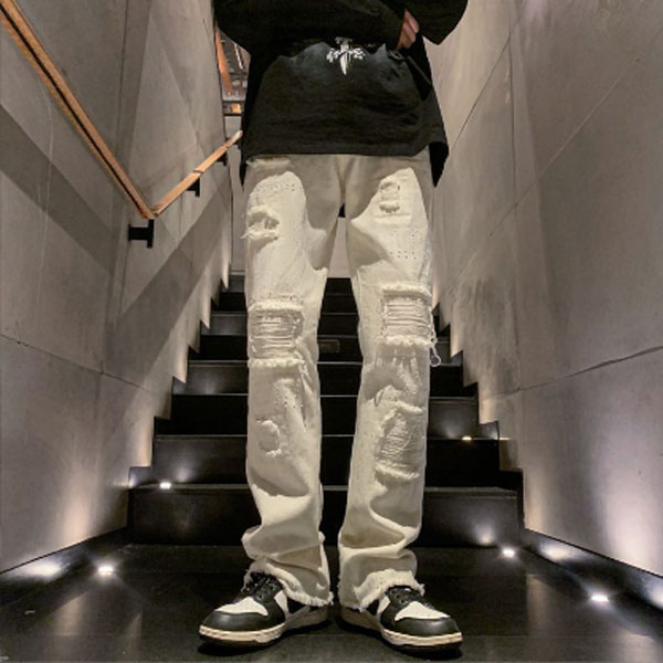 ダメージ加工 デニムパンツ メンズ パンツ ボトムス ユーズドウォッシュ ストリート系 古着系 オシャレ カジュアル 韓国ファッション