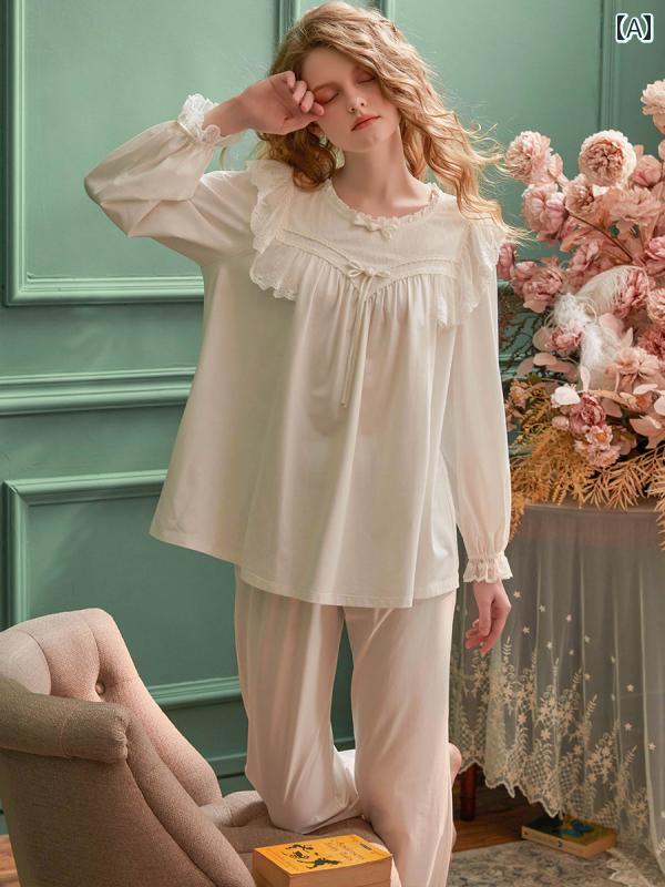 パジャマ レディース 春秋 長袖 上下セット 薄手 ナイトウェア ルームウェア スイート プリンセス 宮殿 無地 綿 ホーム 服