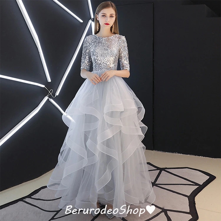 イブニングドレス グレー スパンコール キラキラドレス 5分袖 フレア オシャレ ロングドレス 発表会ドレス パーティードレス Aライン ロング丈 背開き 結婚式ドレス 二次会ドレス お呼ばれドレス