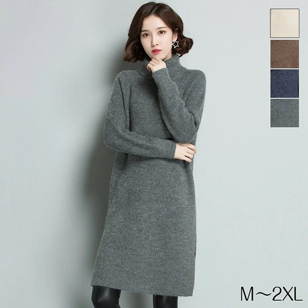 ニットワンピース 秋冬 チュニック 長袖 セーター トップス ニット 秋冬 ニットソー タートルネック カジュアル ワンピース オシャレ スリット入り 膝上丈 無地 大きいサイズ グレーbs044s1